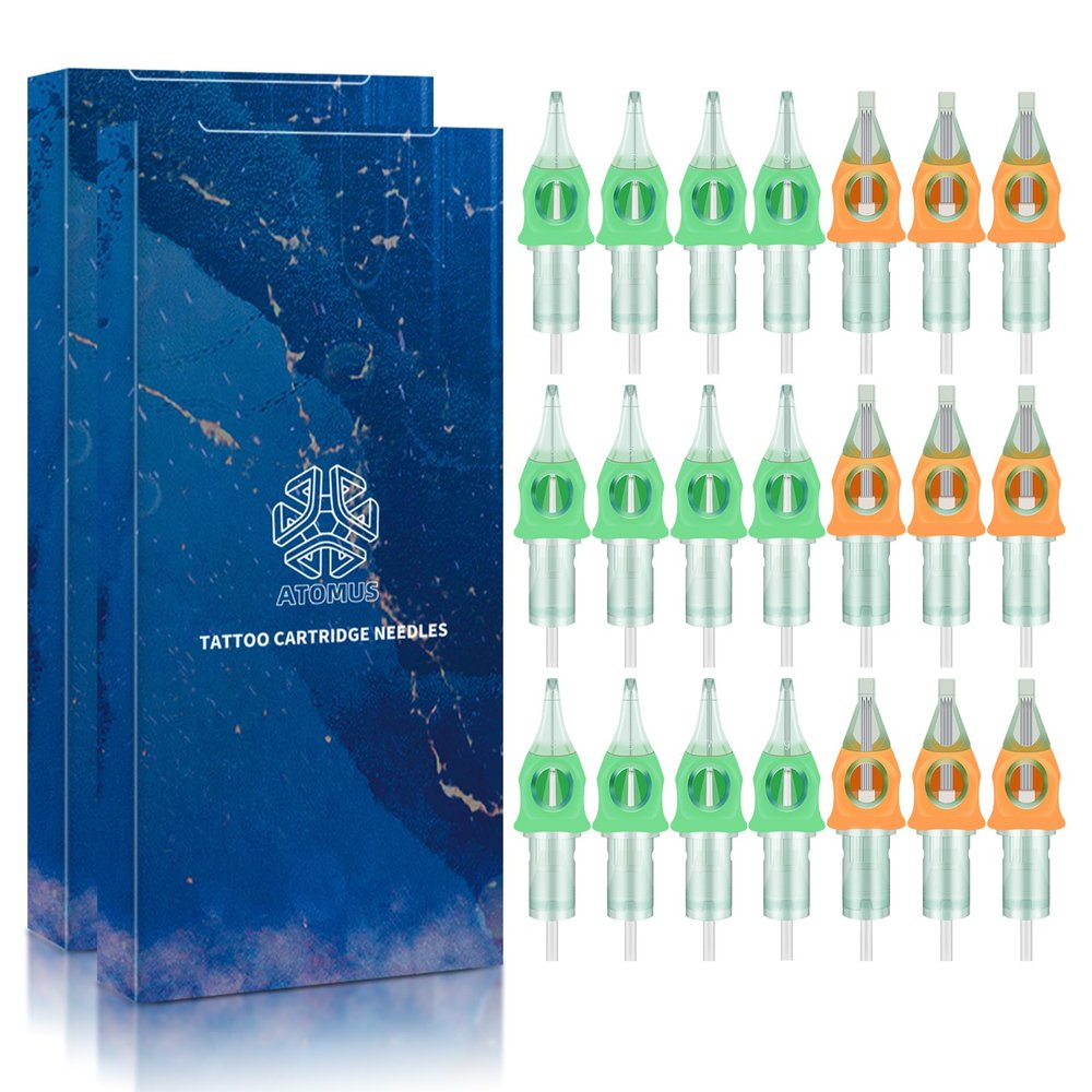 50pcs Mixed Tattoo Cartridge Needles, ATOMUS Assorted Disposable Tattoo Needle 3RL 5RL 7RL 9RL 3RS 5RS 7RS 9RS 5M1 7M1 for Tattoo Machine (Green)
