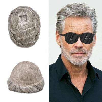 Healthlif European Human Hair Toupee For Men Swiss Lace Mens Toupee French Lace Hair Replacement System For Men Straight Hair Pieces For Men 8x10-90% light density#780 7# VERY LIGHT BROWN+80% GREY