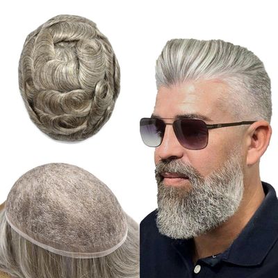 Healthlif European Human Hair Toupee For Men Swiss Lace Mens Toupee French Lace Hair Replacement System For Men Straight Hair Pieces For Men 8x10-80% light density#660 6# LIGHT BROWN+60% GREY