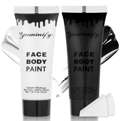 Paminify Black White Face Body Paint 1.01 oz/pc with 2 Sponges,Water Based Cream Face Paint for Clown Zombie Vampire Skeleton Cosplay Makeup,Halloween SFX Makeup Face Painting Kit,2.02 oz