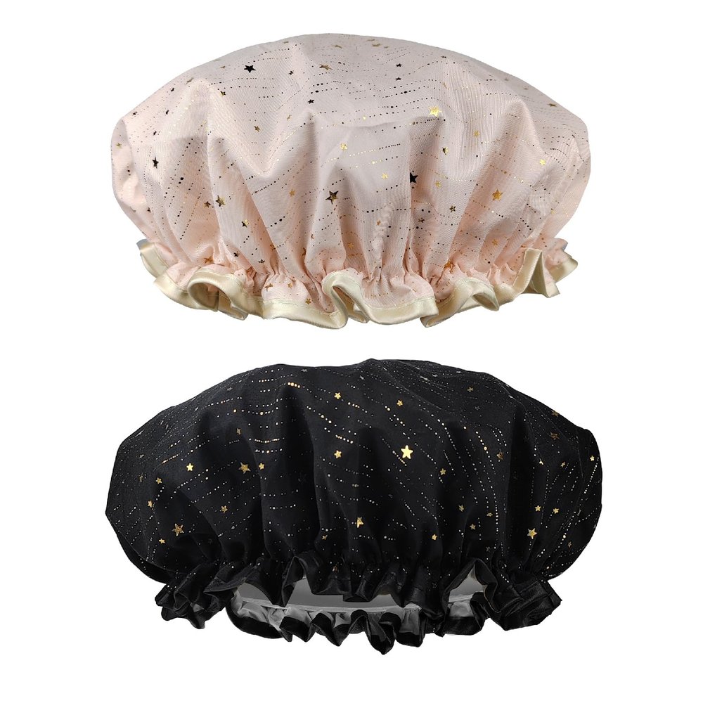 2 Pack Shower Caps, Elastic and Reusable Bonnet, Double Waterproof Layers, Bath Caps for Women (Pink/Black)