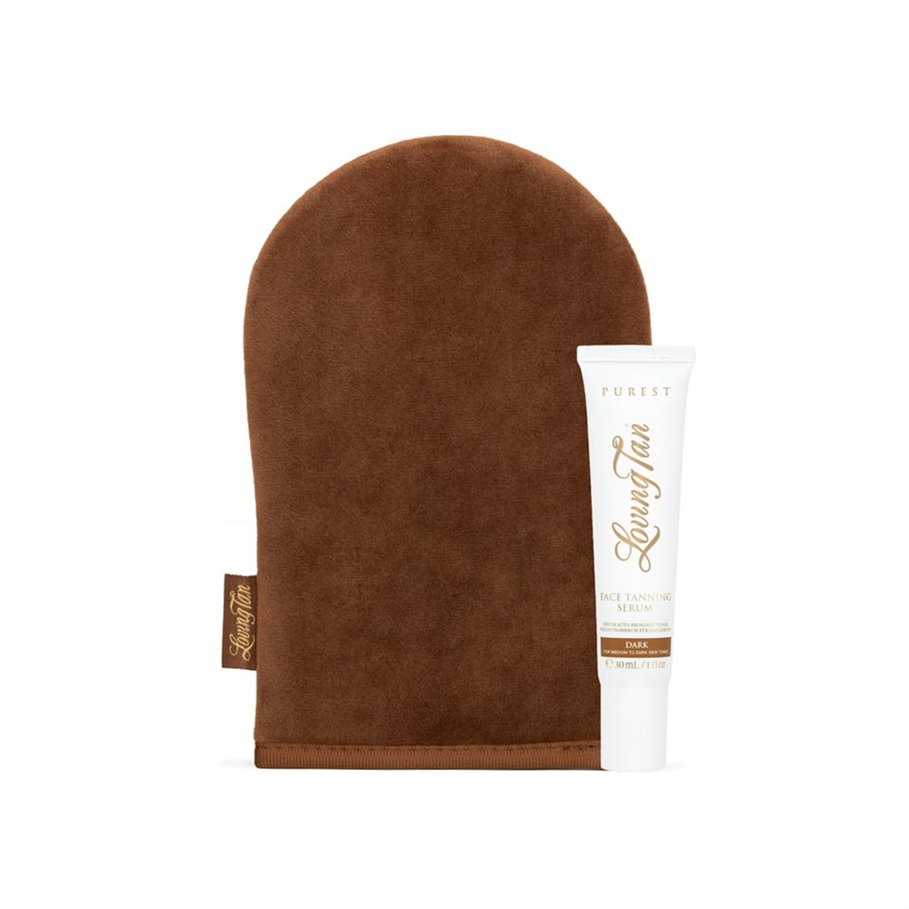 Loving Tan Purest Face Tanning Serum, Dark + Purest Applicator Mitt - Sunless Tanner Made From 97% Certified Organic & Naturally Derived Ingredients - Cruelty Free, Vegan - 1 Fl Oz