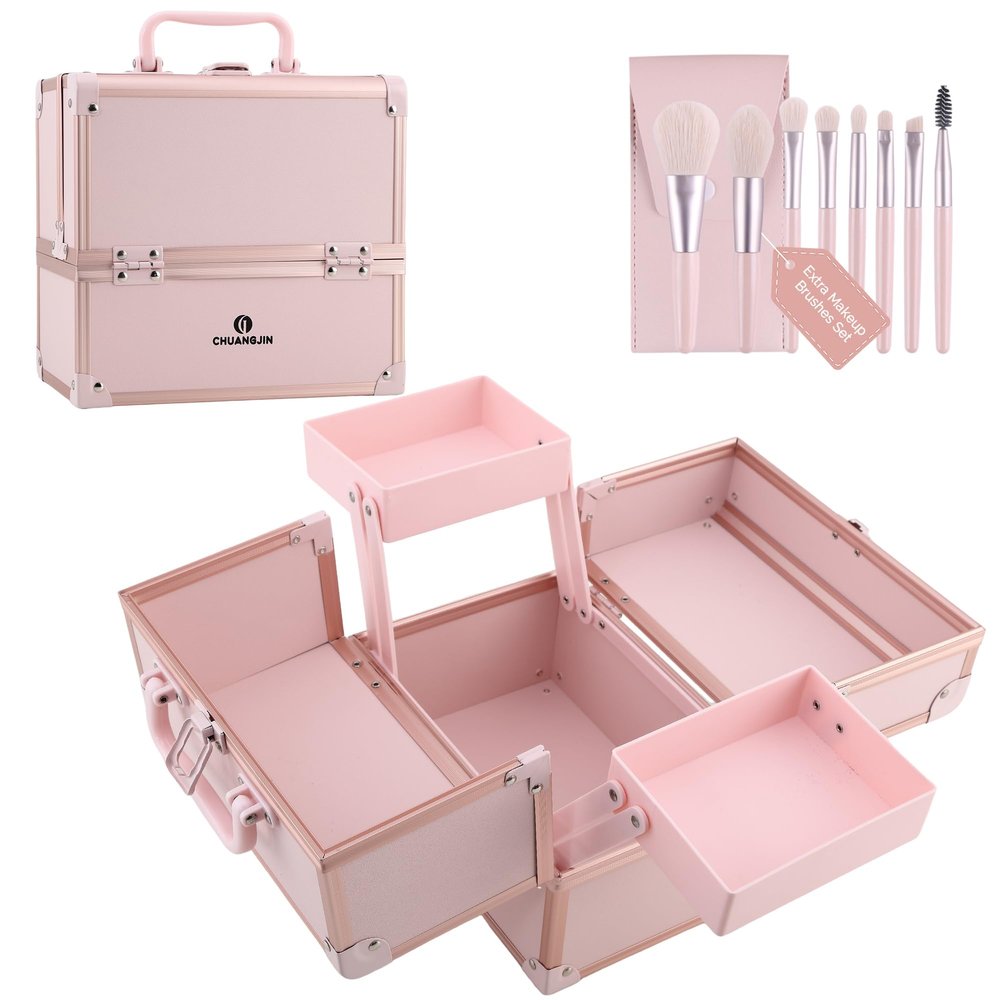 CHUANGJIN Makeup Train Case 2 Trays Makeup Box Organizer Portable Travel Makeup Case Lockable Makeup Storage Organizer Cosmetic Box for Jewelry Nail Tech Brushes Accessories Tool, Pink Pro