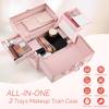 CHUANGJIN Makeup Train Case 2 Trays Makeup Box Organizer Portable Travel Makeup Case Lockable Makeup Storage Organizer Cosmetic Box for Jewelry Nail Tech Brushes Accessories Tool, Pink Pro view 4