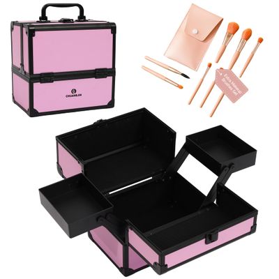 CHUANGJIN Makeup Train Case 2 Trays Makeup Box Organizer Portable Travel Makeup Case Lockable Makeup Storage Organizer Cosmetic Box for Jewelry Nail Tech Brushes Accessories Tool,Black Pink Pro
