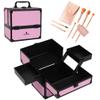 CHUANGJIN Makeup Train Case 2 Trays Makeup Box Organizer Portable Travel Makeup Case Lockable Makeup Storage Organizer Cosmetic Box for Jewelry Nail Tech Brushes Accessories Tool,Black Pink Pro view 1