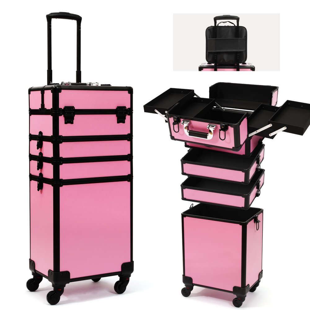 CHUANGJIN Particle Rolling Makeup Train Case Professional Cosmetic Trolley Large Storage Organizer with Key Swivel Wheels Salon Barber Case -Extra Portable Cosmetic Bag, Pink