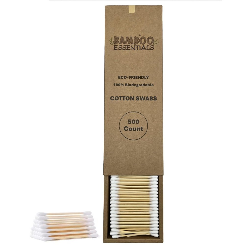 Bamboo Essentials Eco-Friendly Cotton Swabs  500 Count  Biodegradable, Plastic-Free, Sustainable Bamboo & Organic Cotton Buds  Gentle for Sensitive Skin