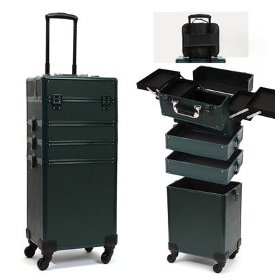 CHUANGJIN Particle Rolling Makeup Train Case Professional Cosmetic Trolley Large Storage Organizer with Key Swivel Wheels Salon Barber Case - New Green (Extra Portable Cosmetic Bag, Green)
