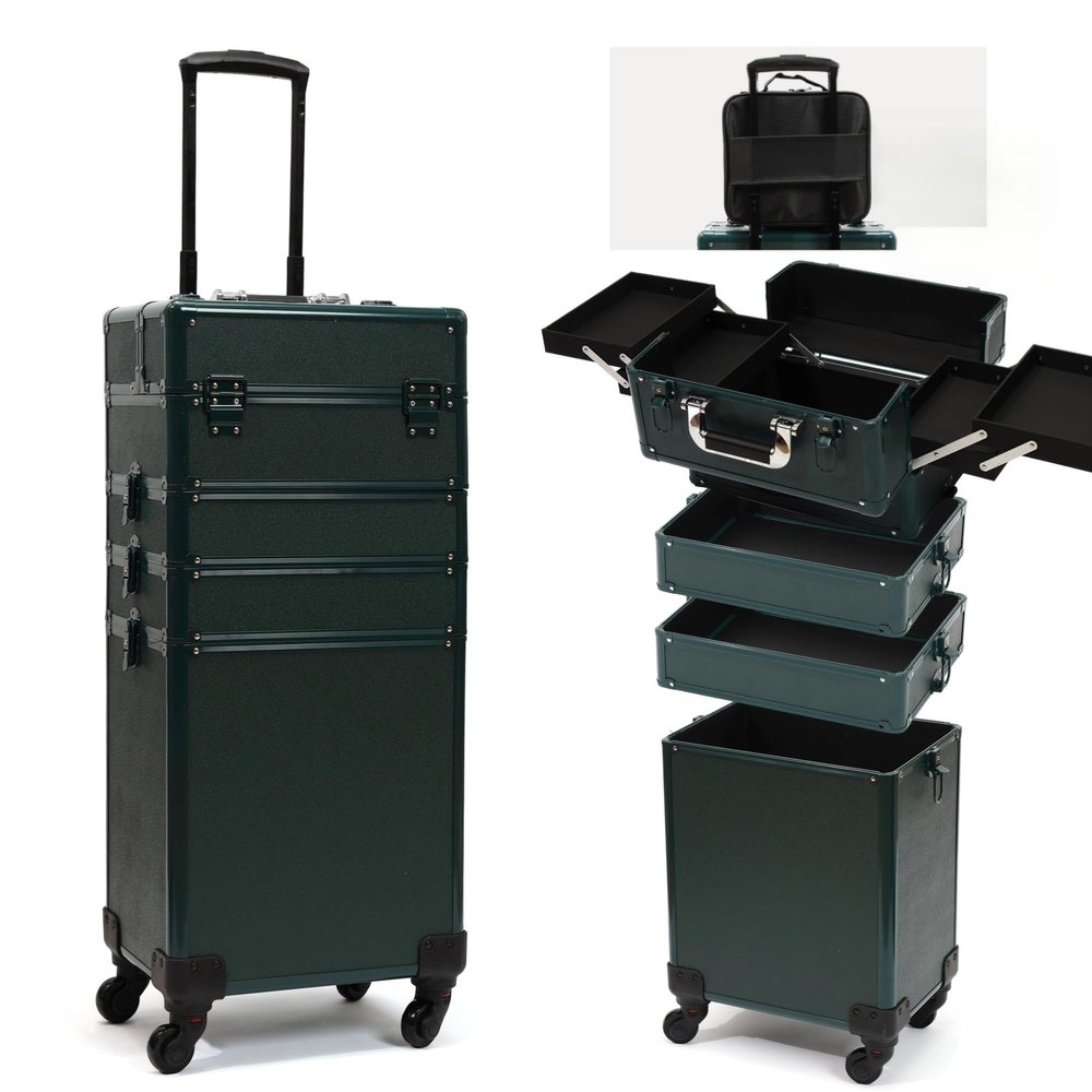 CHUANGJIN Particle Rolling Makeup Train Case Professional Cosmetic Trolley Large Storage Organizer with Key Swivel Wheels Salon Barber Case - New Green (Extra Portable Cosmetic Bag, Green)