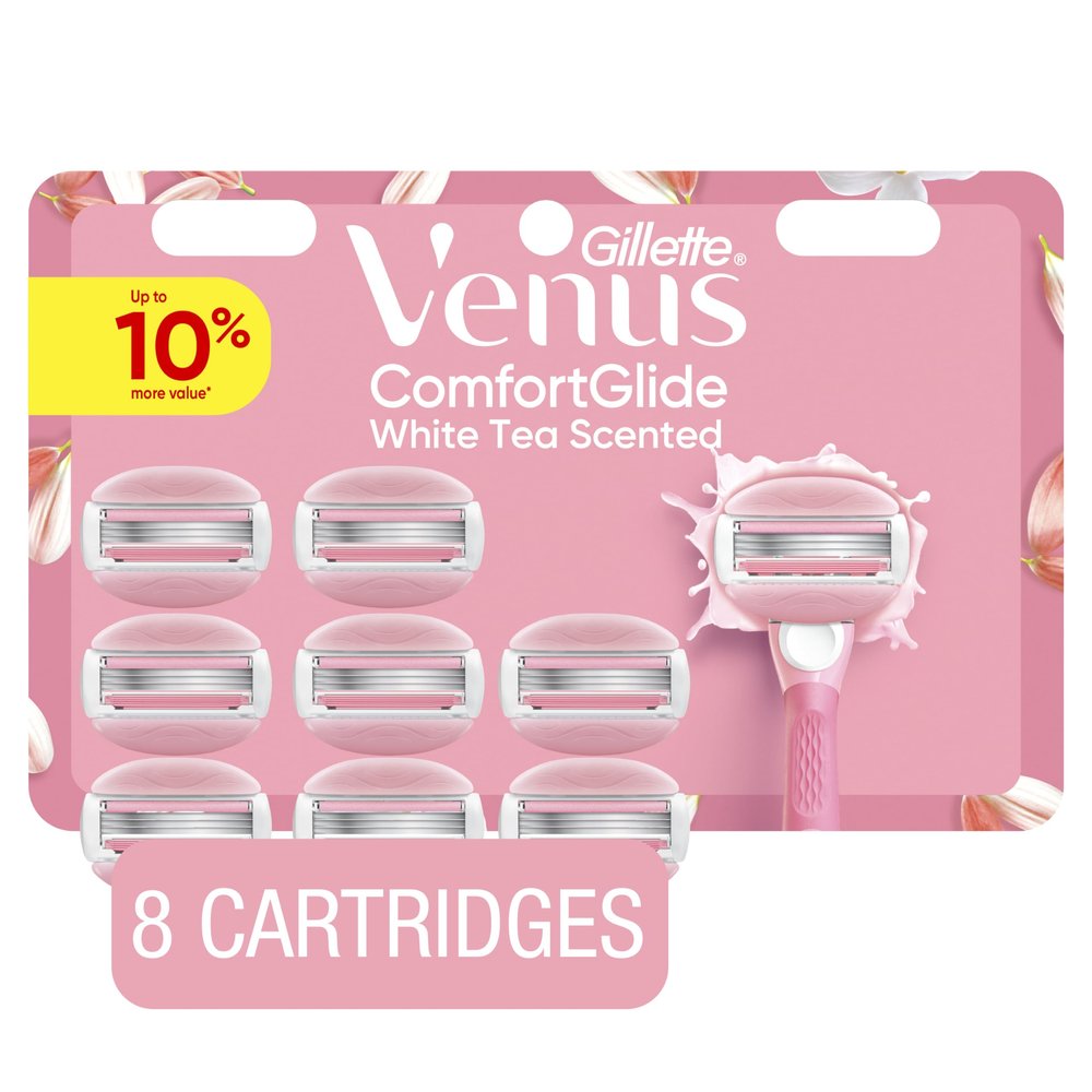 Venus ComfortGlide White Tea Women's Razor Blades, with Built-in Shave Gel Bars, 8 Razor Blade Refills