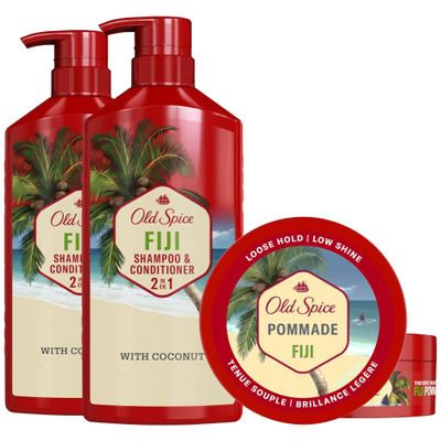 Old Spice Fiji 2-in-1 Shampoo & Conditioner (21.9 Fl Oz, 2-Pack) + Pomade (2.22 Oz, 2-Pack) Bundle, Flexible Hold, Low Shine & Tropical Coconut Scent for Fuller-Looking Hair