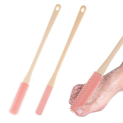 2 Pack Toe Cleaning Brush 15.7" Long Handle Soft Rubber Toe Scrubber Brush Portable Foot Brushes Feet Cleaner Scrub in Shower Foot Lotion Applicator for Seniors Elderly Men Women (Pink)