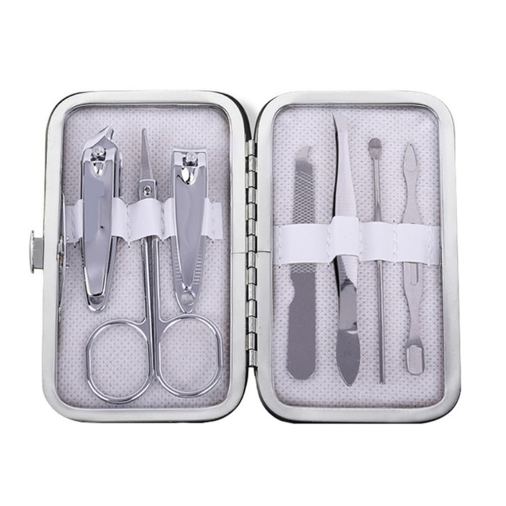 A1DFDFGOQSFG 7 in 1 Manicure Set Carbon Steel Pedicure Kit Nail Scissors Grooming Kit with Leather Travel Case,Deep Blue (White)
