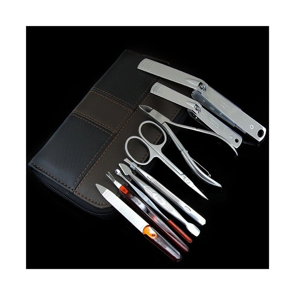 A1DFDFGOQSFG Fingernail Clipper Set 9 Pieces Manicure Set, Portable Nail Clippers Kit, Professional Carbon Steel Pedicure Grooming Kit, Nail Care Tools with Travel Leather Case Nail Grooming Kits