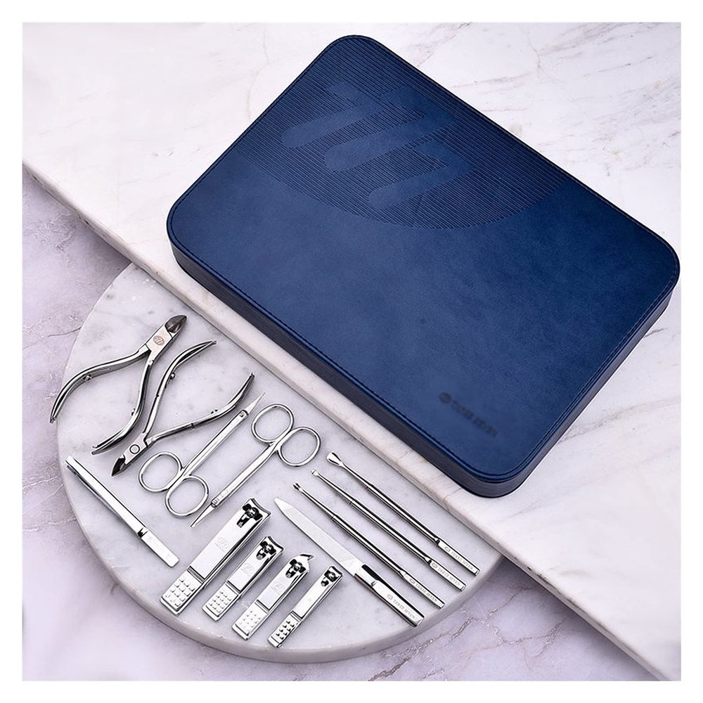 A1DFDFGOQSFG Fingernail Clipper Set Manicure Set 13 in 1 Stainless Steel Professional Grooming Kit Adult Nail Clipper Set Pedicure Kit Nail Care Tools with Blue Leather Travel Case Nail Grooming Kits