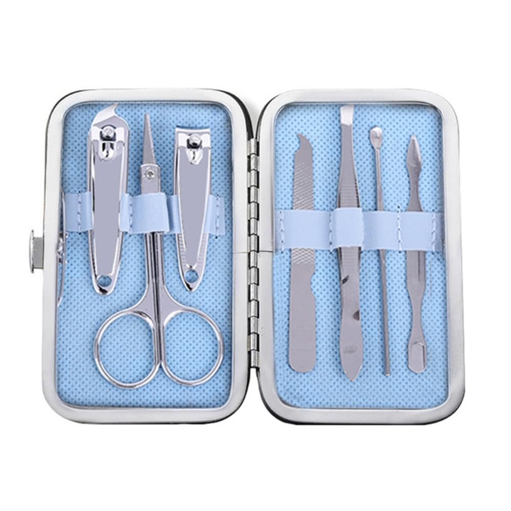 A1DFDFGOQSFG 7 in 1 Manicure Set Carbon Steel Pedicure Kit Nail Scissors Grooming Kit with Leather Travel Case,Deep Blue (Sky Blue)