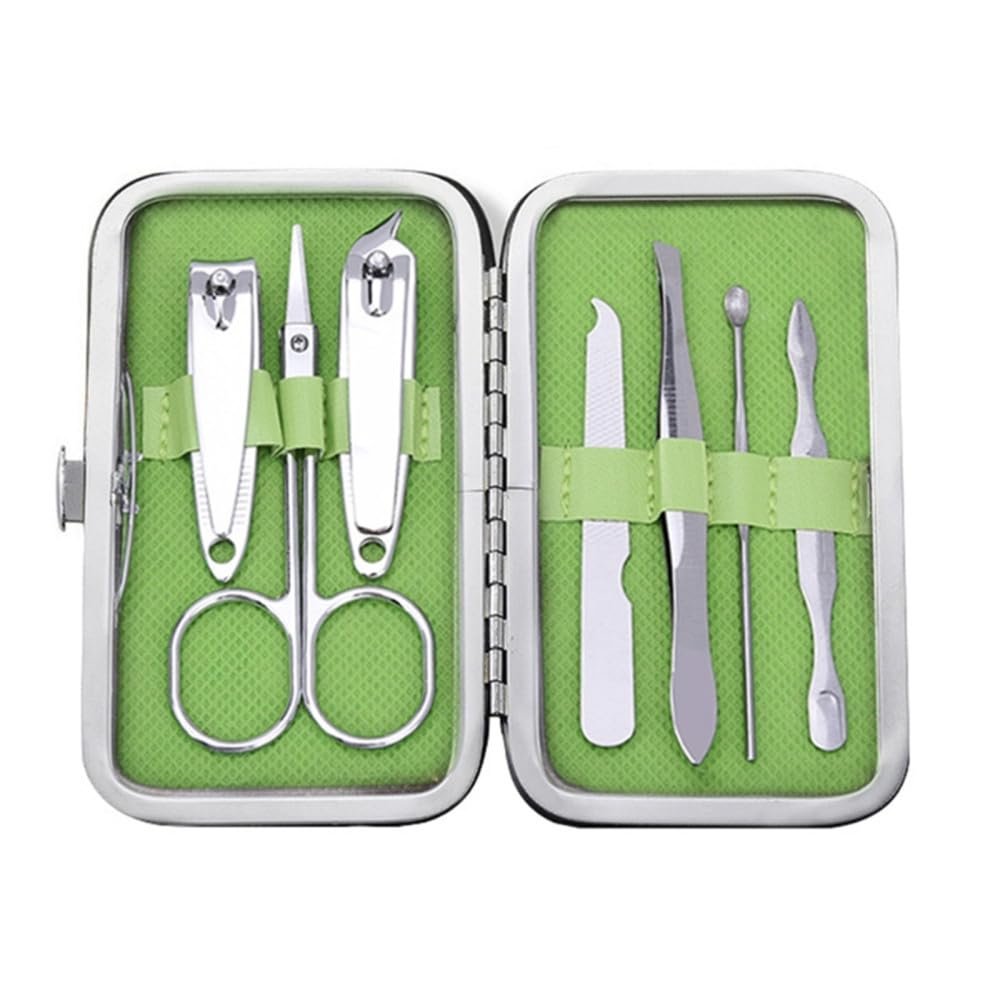 A1DFDFGOQSFG 7 in 1 Manicure Set Carbon Steel Pedicure Kit Nail Scissors Grooming Kit with Leather Travel Case,Deep Blue (Green)