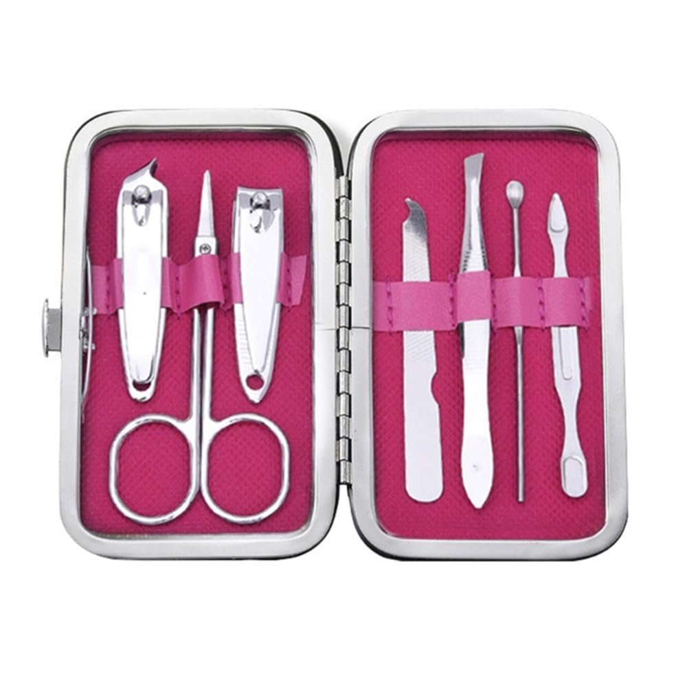 A1DFDFGOQSFG 7 in 1 Manicure Set Carbon Steel Pedicure Kit Nail Scissors Grooming Kit with Leather Travel Case,Deep Blue (Rose Red)