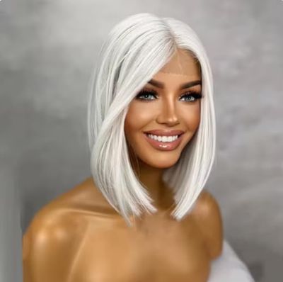 Platinum Short Bob Lace Front Wigs for Women Silver Blonde Synthetic Hair Wig with Natural Hairline Realistic Soft Gray Lace Wig