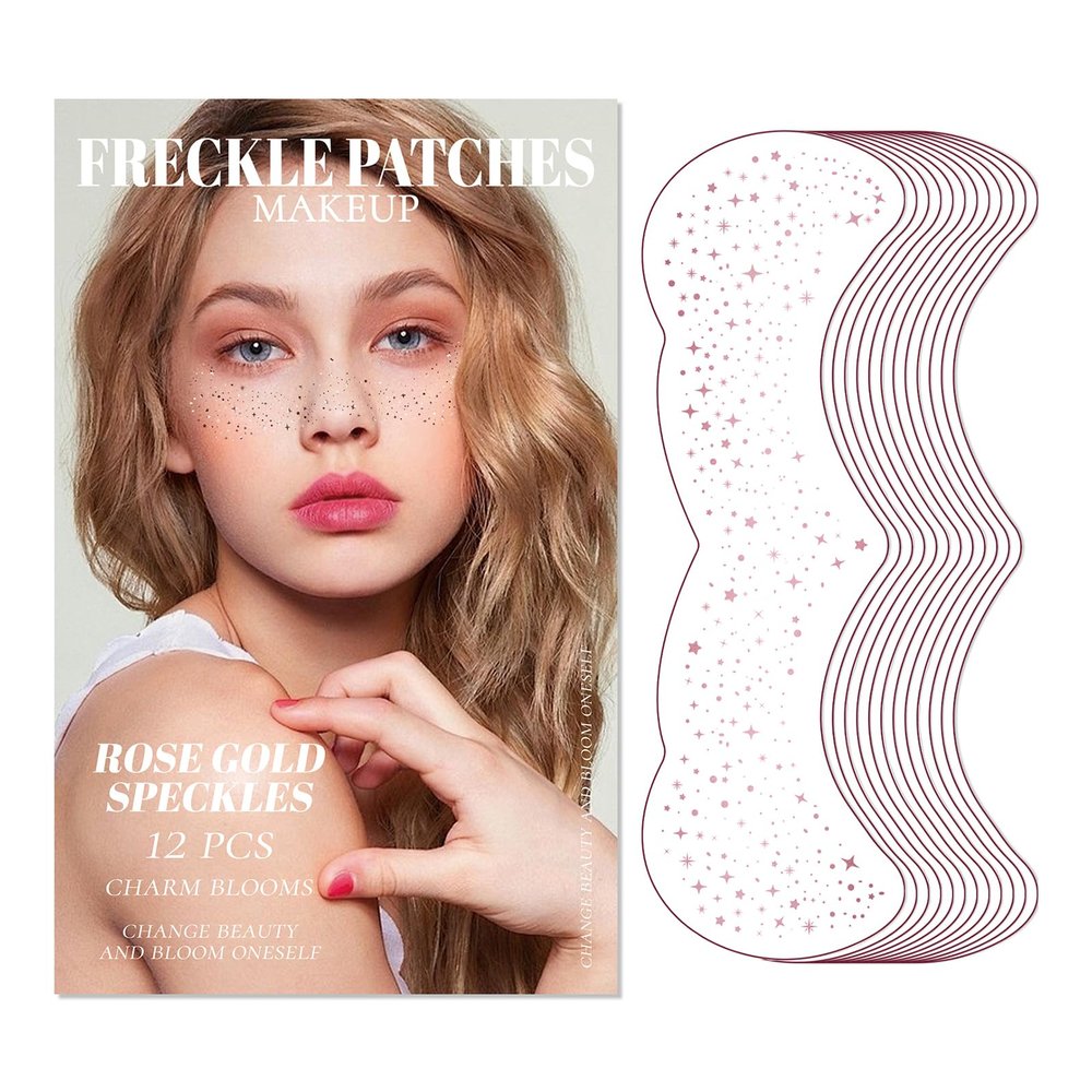 12 Sheet Glitter Freckles Face Tattoo, Temporary Tattoos Sticker Makeup Patches for Women Girl, Long Lasting Waterproof Faux Freckles Set for Concert Cosplay Prom (Rose Gold)