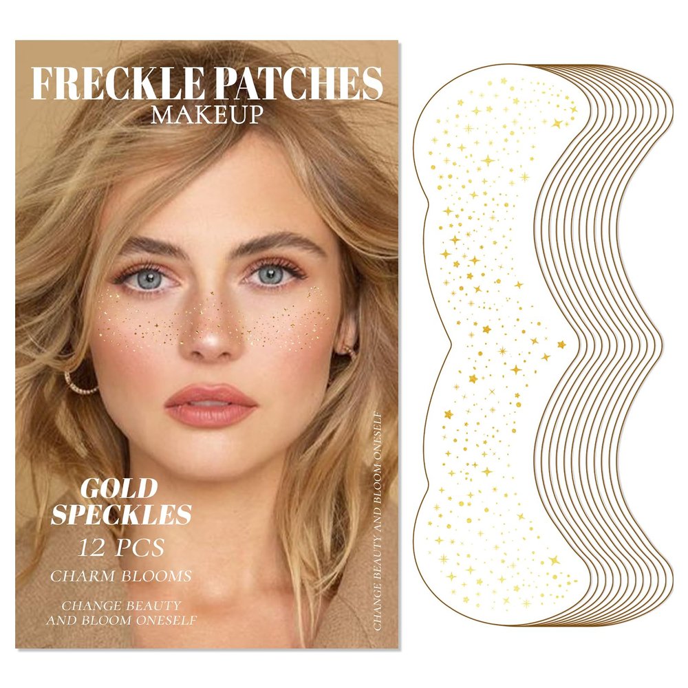 12 Sheet Glitter Freckles Face Tattoo, Temporary Tattoos Sticker Makeup Patches for Women Girl, Long Lasting Waterproof Faux Freckles Set for Concert Cosplay Prom (Glod)