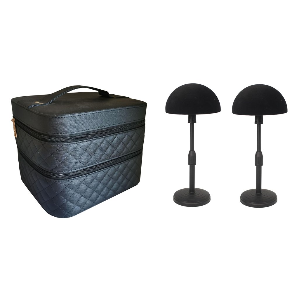 FASHION DO Deluxe Wig Travel Box or Makeup Case Compact Durable in Black and adjustable velvet styrofoam wig head sucton cup holder (Wcase double)