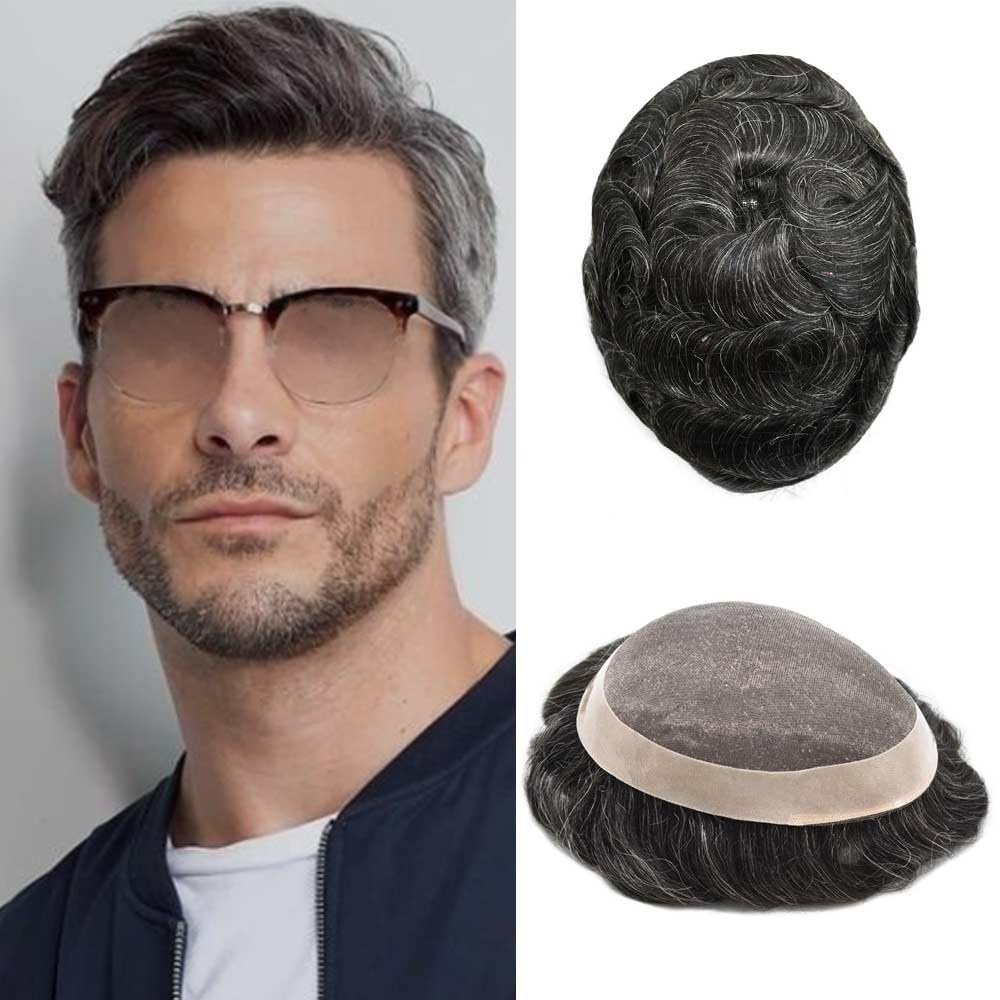 LYRICAL HAIR Toupee for Men Hair System Replacement Monofilament Mens Toupee Hairpiece Durable Poly Coated NPU Around Wig for Men 8"X11" #1B20 Off Black+20% Gray-120% Med-light to Medium Density