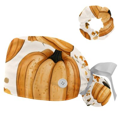 Autumn Pumpkin Scrub Cap Bouffant Caps Working Cap with Buttons and Ribbon Tie for Women, Long Hair