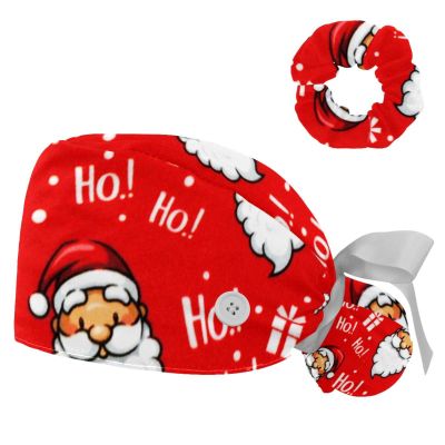 Christmas Santa Claus Scrub Cap Bouffant Caps Working Cap with Buttons and Ribbon Tie for Women, Long Hair