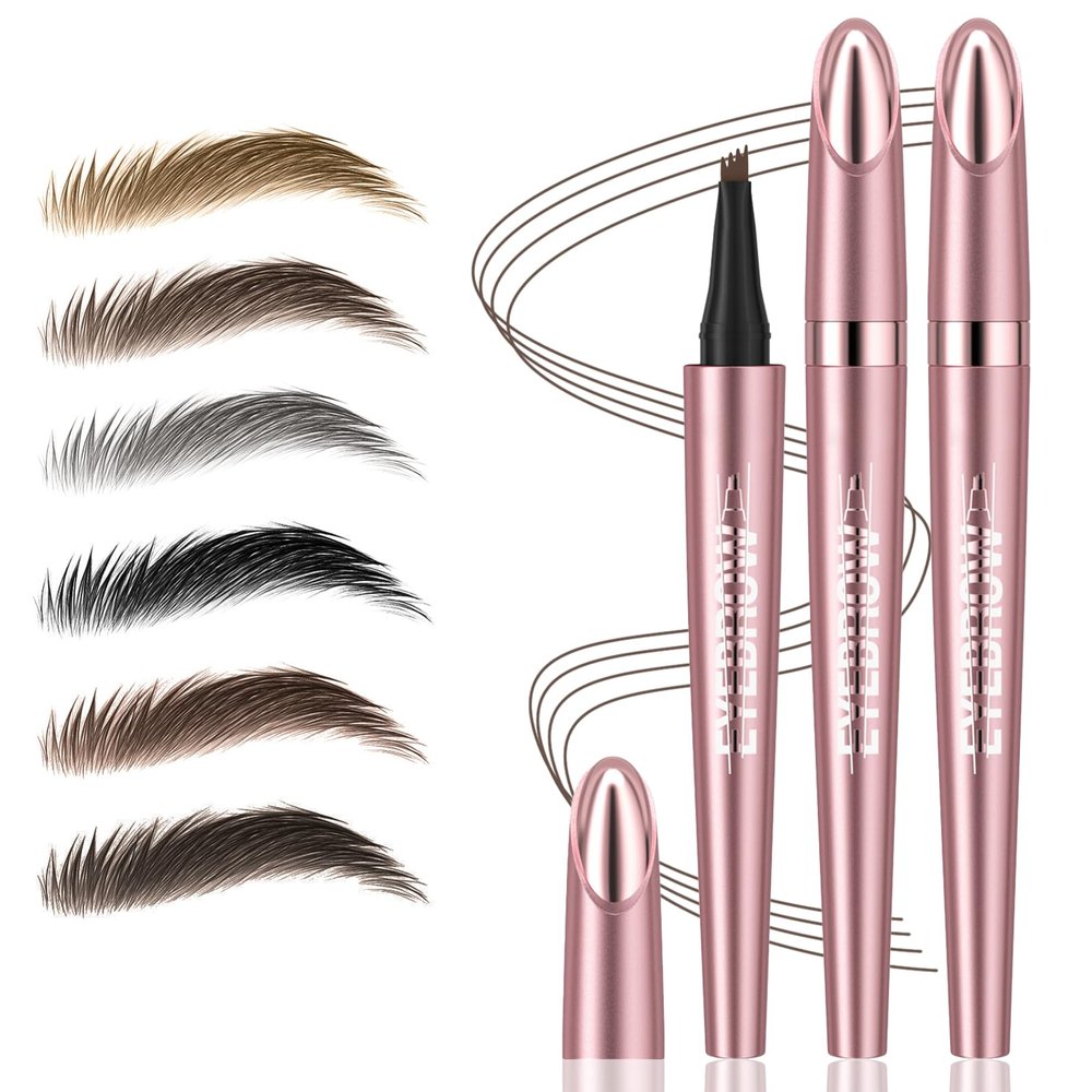 2Pcs Microblading Eyebrow Pen, Long-Lasting Waterproof Eyebrow Pencil with 4-Fork-Tip for 3D Realistic Brow, Easily Create Natural Hair-Like Brow Last All-Day, Eye Brow Pencils for Women -Brown
