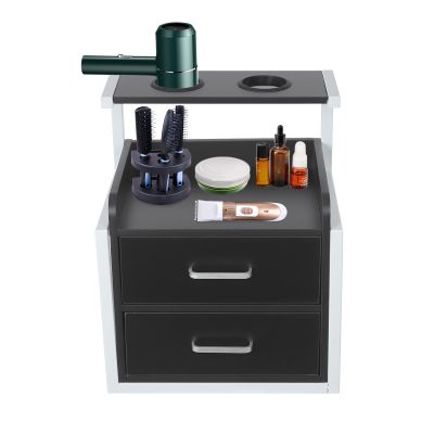 BAIODNB Salon Wall Cabinet with 2 Drawers, Wall Mounted Salon Storage Organizer with Hair Dryer Holder, Hair Station for Beauty Spa Barbershop (Black+ Silver)
