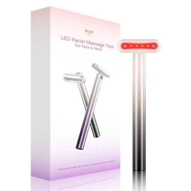 4-in-1 Facial Wand with Microcurrent, Heat, Massage, and Red Light Therapy | Anti-Aging Skin Tightening Device for Wrinkles | USB Rechargeable, Portable Beauty Tool (Grey)