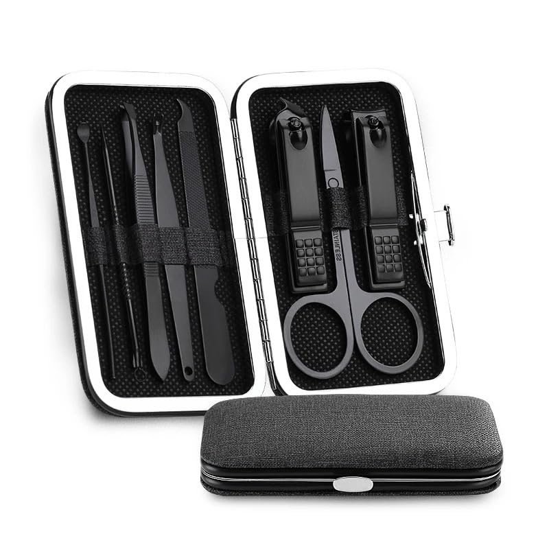 Manicure Set, Stainless Steel Nail Scissors Set Household Men and Women Special Nail Clippers Manicure Beauty Tools 8 Piece Portable Household,Nail Care Tools(Black)