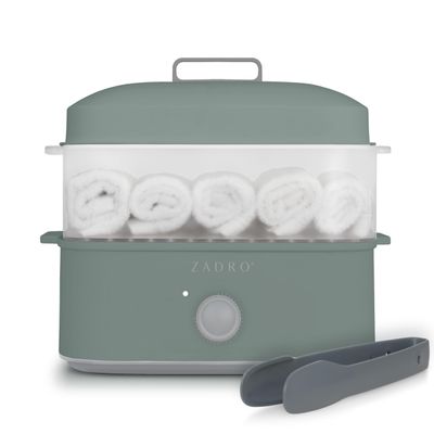 Zadro Towel Steamer with Tongs, 850W Heater, 8L Tray, 1.7L Tank, 30-min Timer for Facials, Manicures, Pedicures, Shaving (13"x12", 120V/850W, 8L, Dark Green)