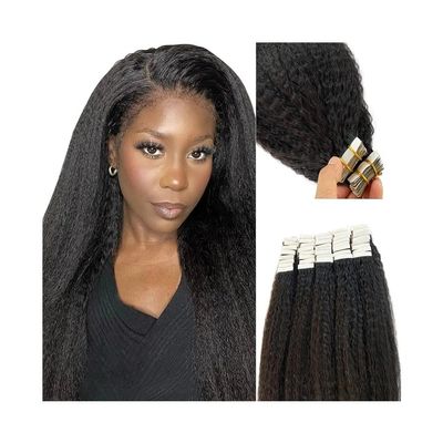Tape in Hair Extensions Kinky Straight Tape In Human Hair Extensions Natural Black Skin Weft Invisible Remy Hair Tape in Hair Extensions 50g 20Pcs/Pack for Black Women Tape in Extensions(24 inches)