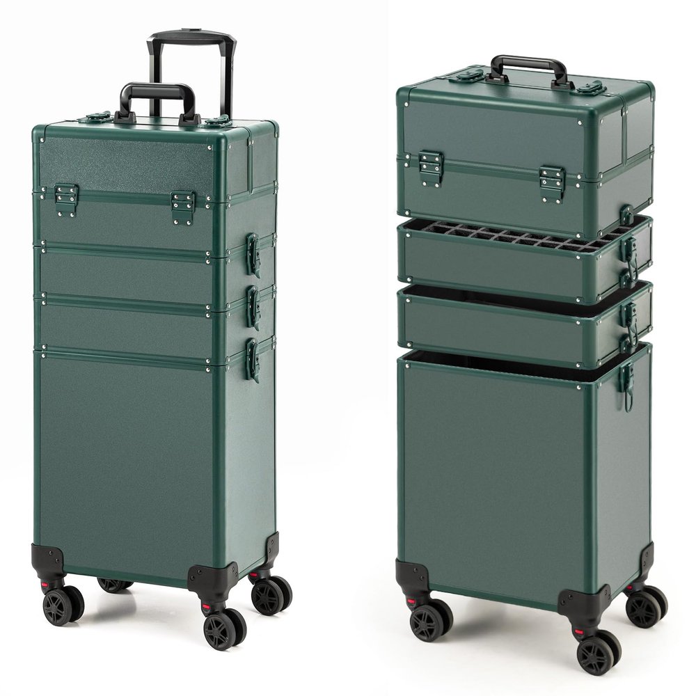 Leeora&Leekoo Portable Multi-Storey Nail Case for Nail Tech Organizer - Wheels Makeup Case Organizer, Cosmetic Case, Makeup Train Case, Make Up Case (Green)