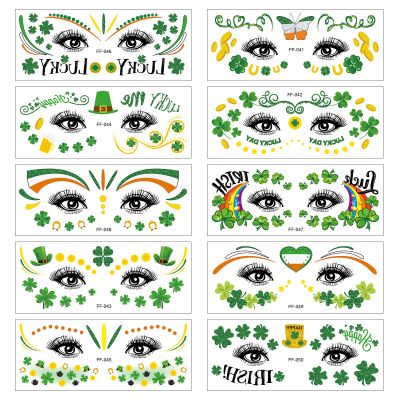 10 Sheets St Patrick's Day Face Tattoo Stickers, Shamrock Clover Eye Tattoo Stickers, Irish Green Party Glitter Face Art Temporary Tattoos, Saint Patricks Day Makeup Art Decorations Irish Party Favors