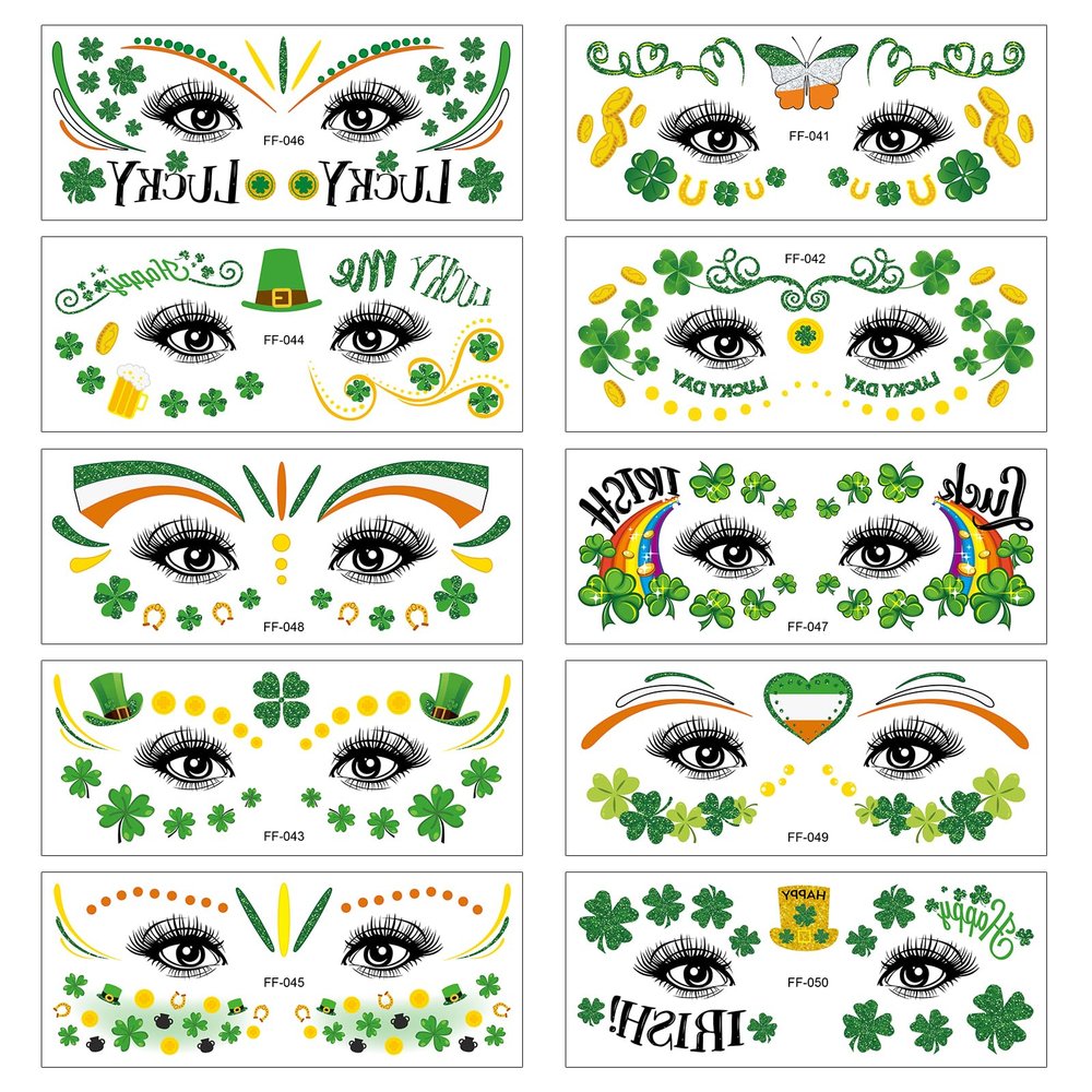 10 Sheets St Patrick's Day Face Tattoo Stickers, Shamrock Clover Eye Tattoo Stickers, Irish Green Party Glitter Face Art Temporary Tattoos, Saint Patricks Day Makeup Art Decorations Irish Party Favors