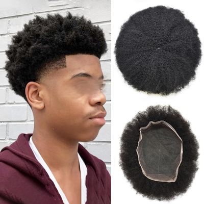 LYRICAL HAIR Afro Kinky Curly Mens Toupee Full French Lace African American Wigs 10x8 All Transparent Lace Hairpiece Replacement Human Hair System for Black Men 2mm Tight Curl, #2 Darkest Brown