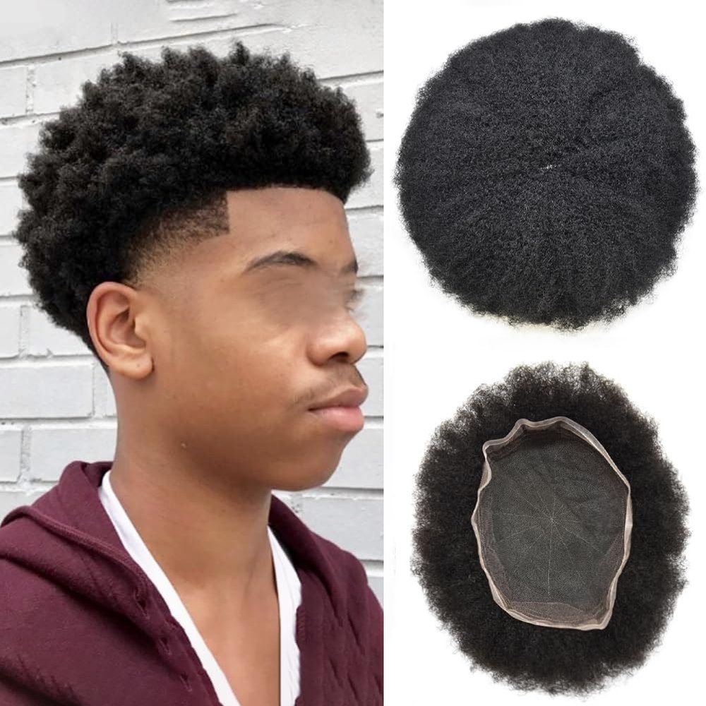 LYRICAL HAIR Afro Kinky Curly Mens Toupee Full French Lace African American Wigs 10x8 All Transparent Lace Hairpiece Replacement Human Hair System for Black Men 2mm Tight Curl, #2 Darkest Brown
