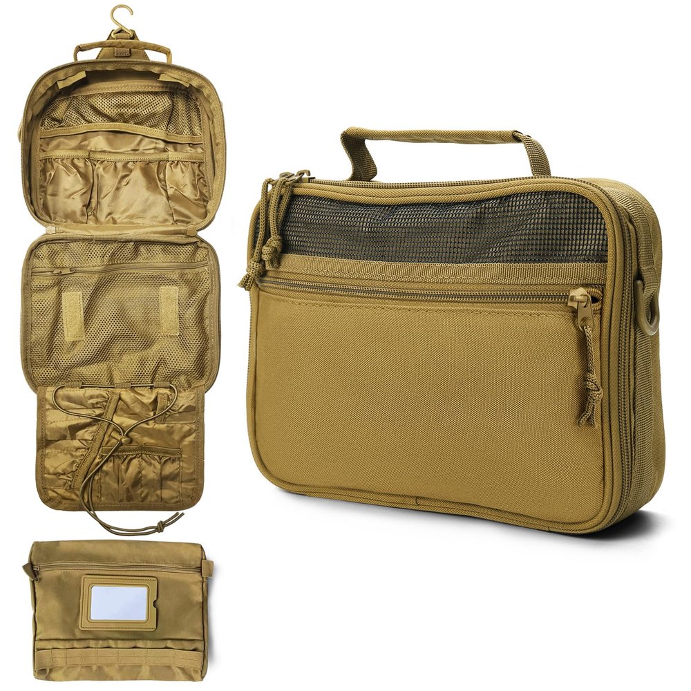 GVCELS Mens Toiletry Travel Bag Tactical Toiletry Bag Hanging Toiletry Bag Shower Bag Travel Kit (Khaki)