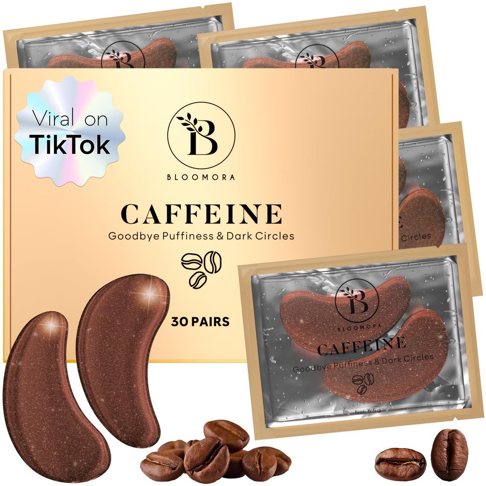 BLOOMORA Caffeine Under Eye Patches (30 Pairs) - Dark Circles & Puffiness Care - Hydrating Caffeine Eye Mask