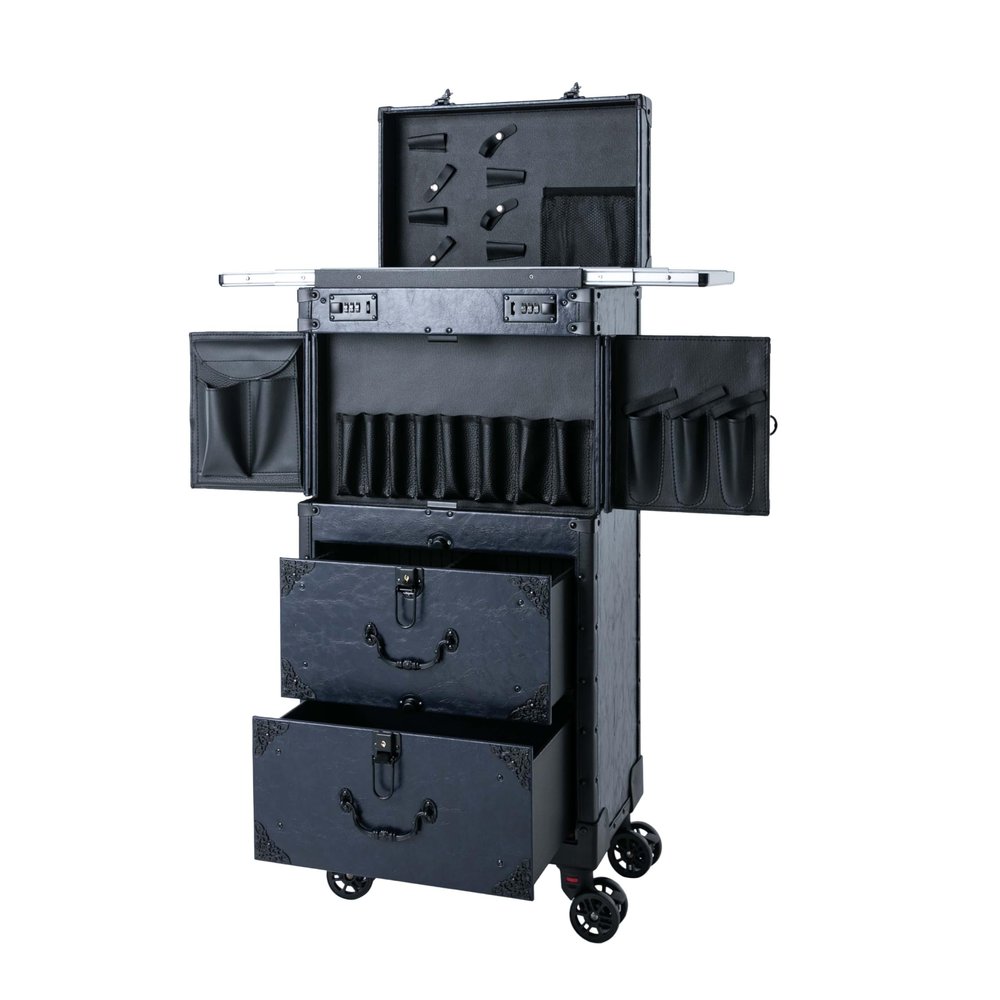 ATOLOMOTOR Rolling Makeup Train Case,Beauty Salon Luggage Travel Case with Lockable Drawers,Professional Cosmetic Hairdressing Organizer Cart Trolley for Hair Salon (Blue)