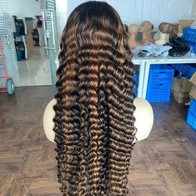 Highlight Blonde Brown #1B/27 Color Human Hair Wigs Invisible HD 13x4 Lace Front Wigs With Baby Hair 150% Density Deep Wave Pre Plucked Curly Remy Brazilian Hair Glueless Wig For Women 22 Inch