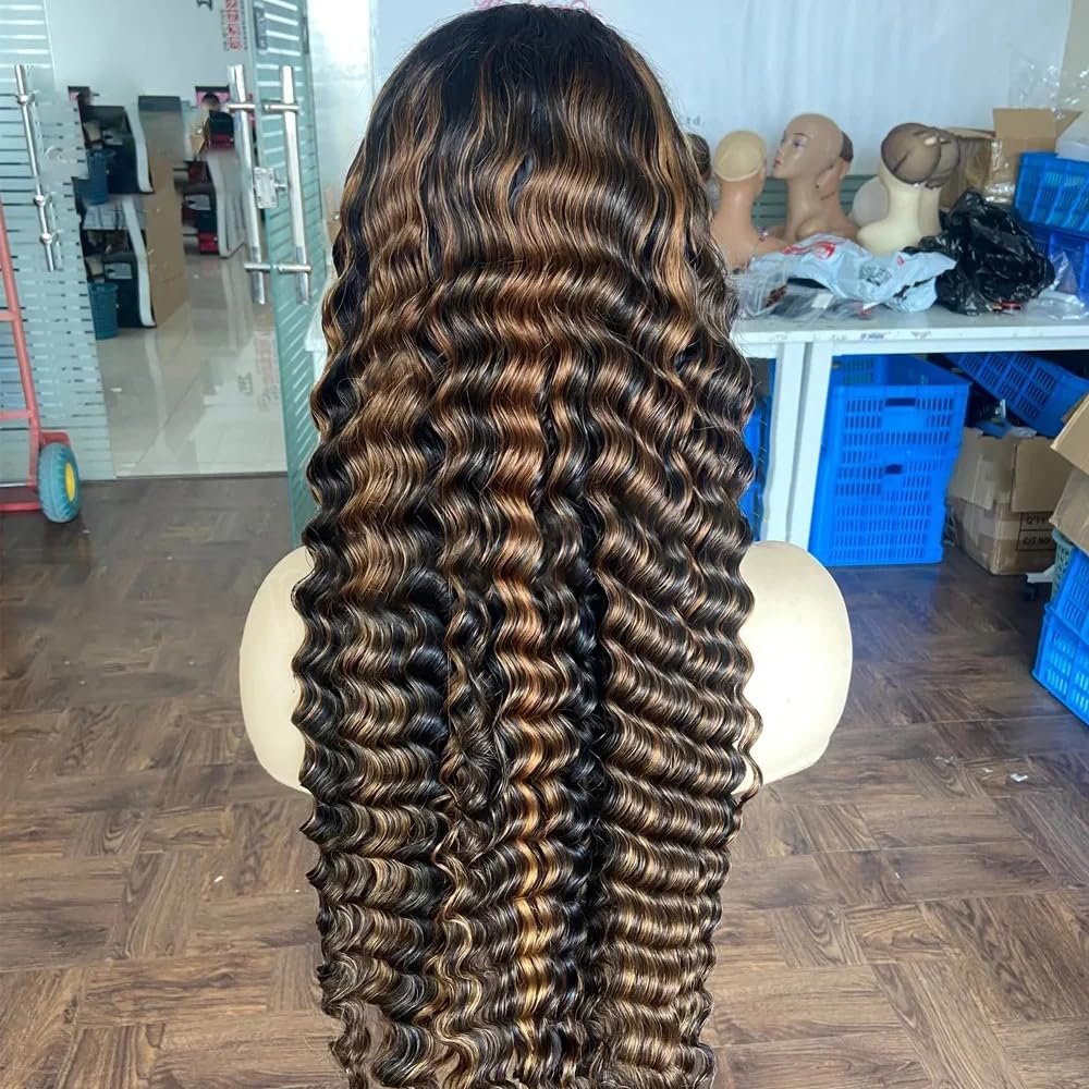 Highlight Blonde Brown #1B/27 Color Human Hair Wigs Invisible HD 13x4 Lace Front Wigs With Baby Hair 150% Density Deep Wave Pre Plucked Curly Remy Brazilian Hair Glueless Wig For Women 22 Inch