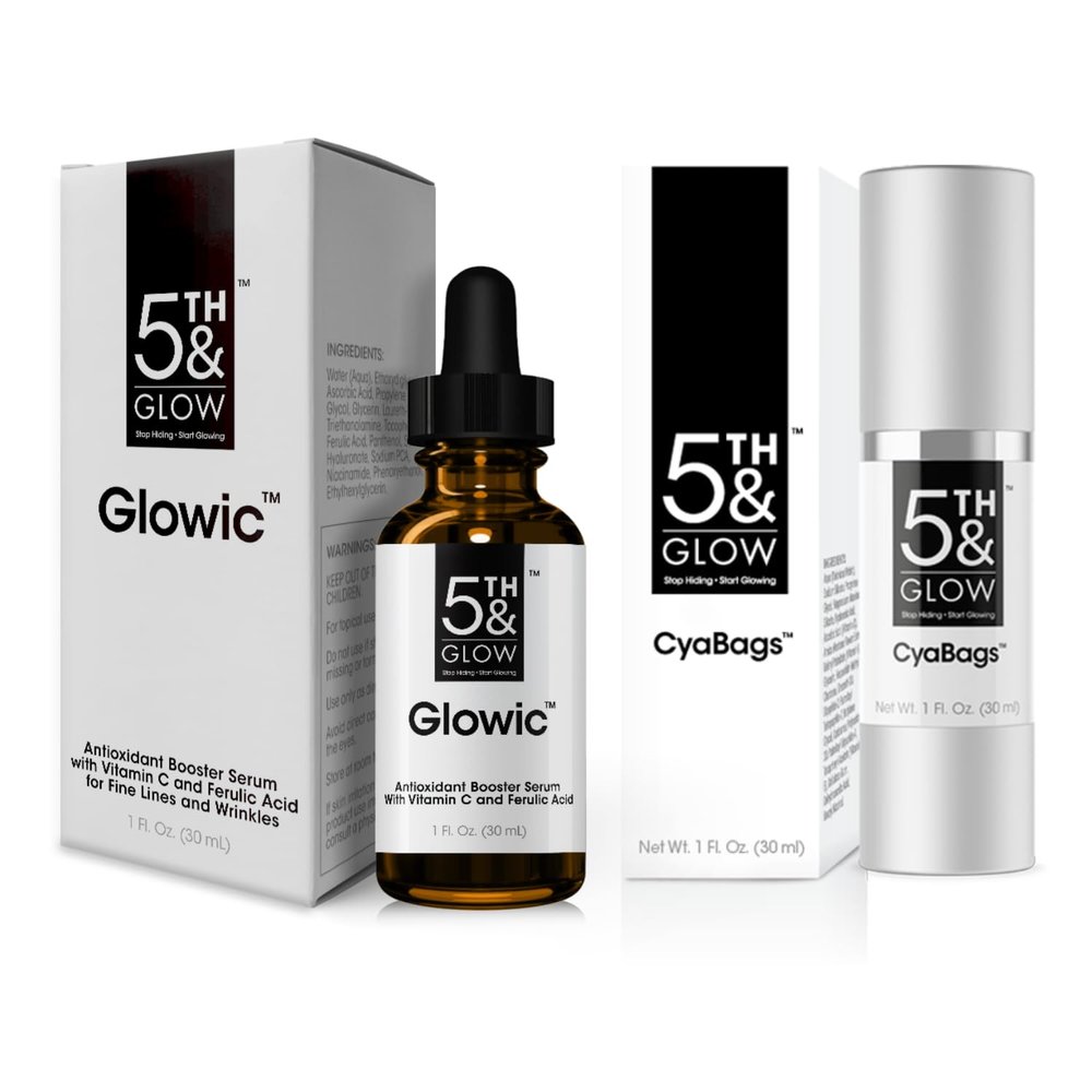 5th & Glow Ultimate Bundle - Glowic Antioxidant Serum for Complexion Glow + CyaBags Eye Serum for Instant Eye Puffiness Reducer - Lessens Fine Lines, Wrinkles