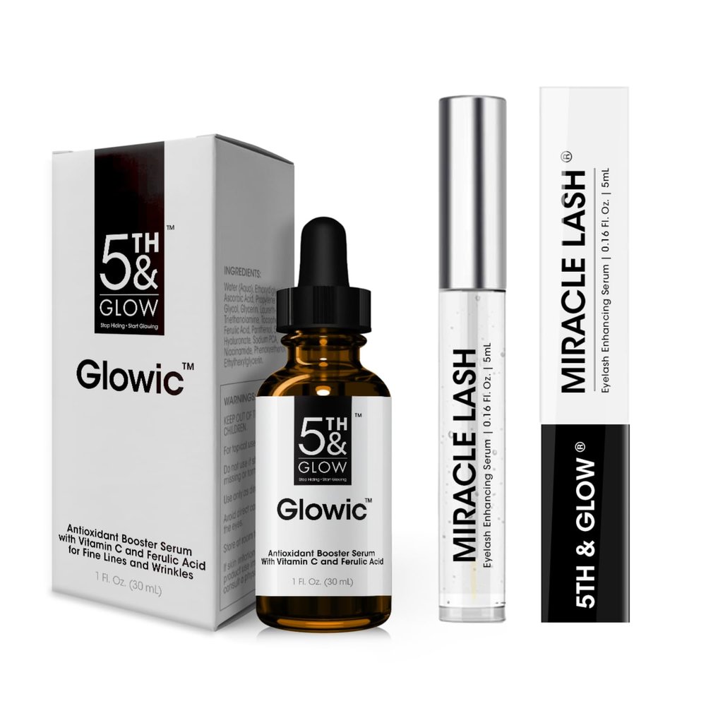 5th & Glow Ultimate Beauty Bundle - Glowic Antioxidant Serum for Skin Brightness + Miracle Lash Eyelash Enhancing Serum for Fuller Lashes