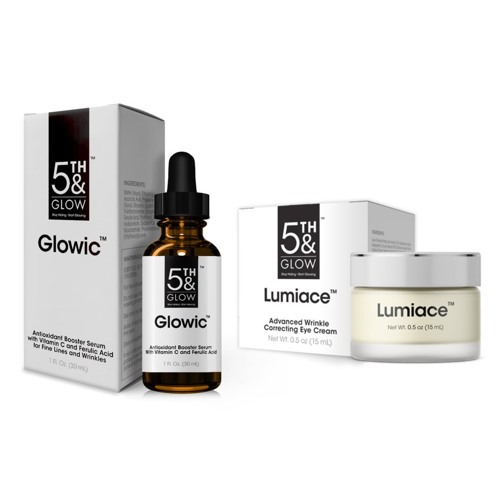 5th & Glow Skincare Bundle - Glowic Antioxidant Serum for Skin Brightening - Lumiace Eye Wrinkle Cream for Energetic-Looking Eyes - Smooths Fine Lines, Wrinkles & Dark Circles