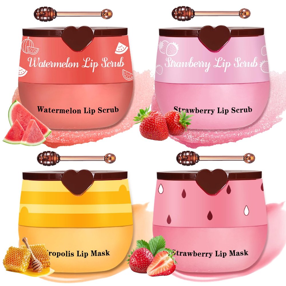 LZXLUKGIR 4PCS Lip Scrub and Mask Set,Strawberry and Honey Pot Lip Balm,Reduces Lip Lines Lip Exfoliator Scrub and Moisturizer,Repair Bee Lip Balm and Lip Scrub Set,Lip Mask Overnight